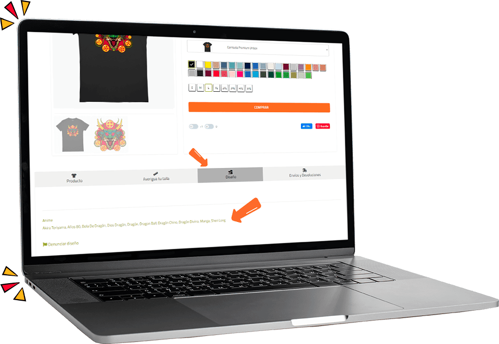 Ordenador mostrando las etiquetas de los diseños de superfan