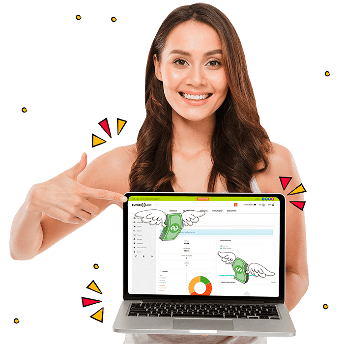 Chica con un ordenador enseñando panel de artista