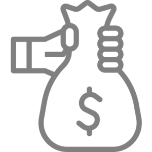 Icono gris de una mano sujetando saco de dinero