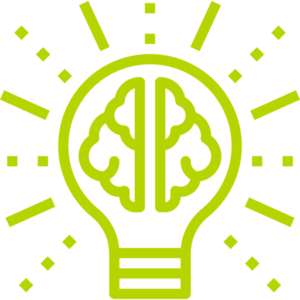 Icono verde de una bombilla y un cerebro