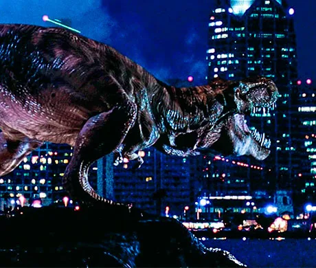 Un Tiranosaurio Rex rugiendo con Nueva York delante