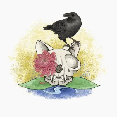 Cat Skull and Raven