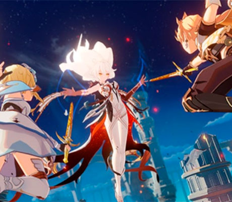 Los hermanos viajeros enfrentándose a mujer misteriosa, Genshin Impact