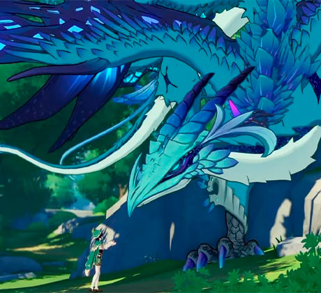 El Dragón Dvalin junto a Venti que está tocando un harpa, en Genshin Impact