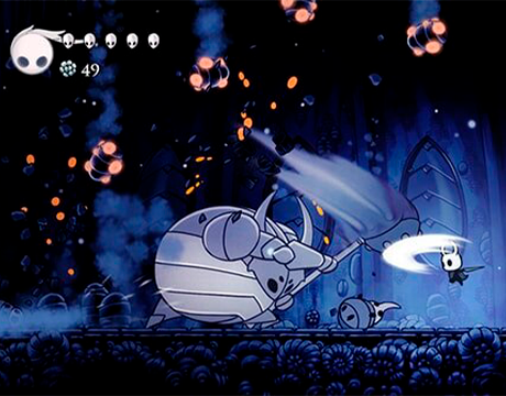 Caballero enfrentandose al Caballero Falso en Hollowknight