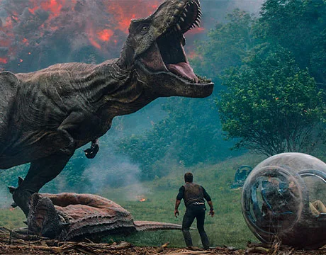 Un T-Rex aplastando a un Carnotaurus, delante de Owen