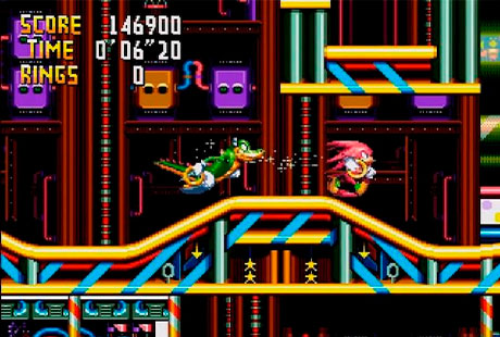 Vector y Knuckles atravesando zona en Knuckles Chaotix