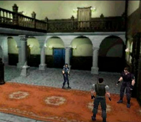 Jill Valentine, Chris Redfield y Wesker en la entrada de la mansión de Resident Evil