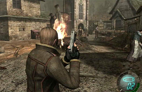 Leon Kennedy luchando contra aldeanos infectados con Las Plagas en Resident Evil 4