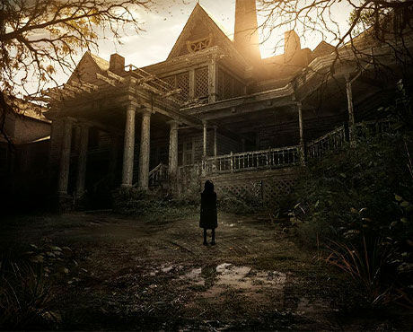 Eveline delante de la mansión Baker en Resident Evil 7