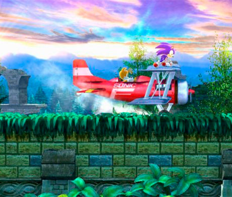 Sonic subido encima del avión de Tails en Sonic the Hedgehog Episode II