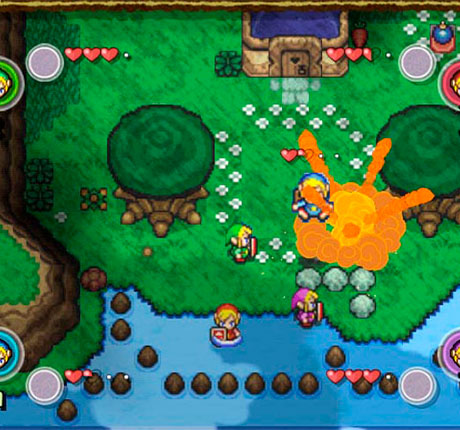 The Legend of Zelda: Four Sword Adventures uno de los Links herido por una explosión