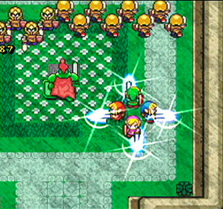 Los cuatro Links preparados para su enfrentamiento en The Legend of Zelda Four Sword Adventures