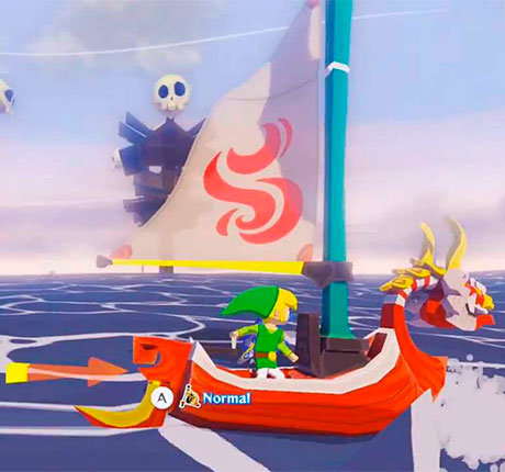 Link navegando por en el Mascarón Rojo en The Legend of Zelda Wind Waker