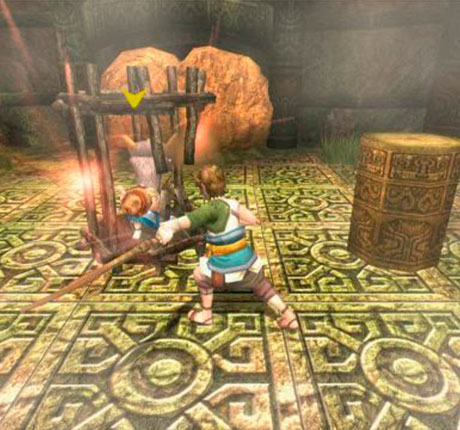 Link entrenando con su espada de madera en Ordon Village en The Legend of Zelda: Twilight princess