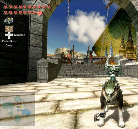 Midna subida a los lomos de Link transformado en lobo en The Legend of Zelda: Twilight Princess