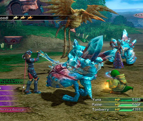 Paine, Rikku y Yuna enfrentándose a un Tomberri y otros enemigos en Final Fantasy X-2