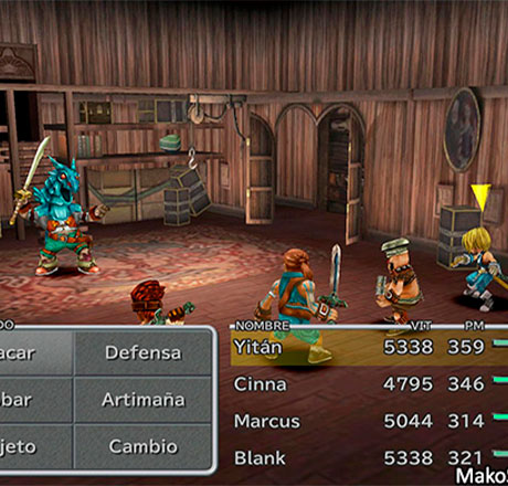 Yitan junto a sus compañeros luchando contra su Jefe disfrazado de monstruo en Final Fantasy IX