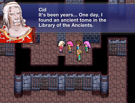 Cid hablando con el resto de protagonistas en Final Fantasy 5