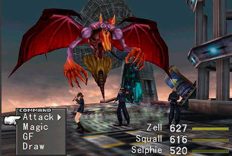 Selphie, Squall y Zell luchando contra Elvoret en Final Fantasy 8