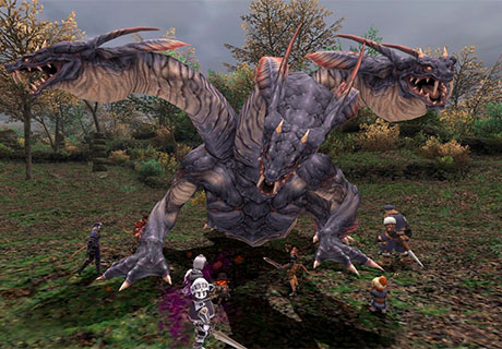 Personajes enfrentándose a un dragón de 3 cabezas en Final Fantasy 11 online