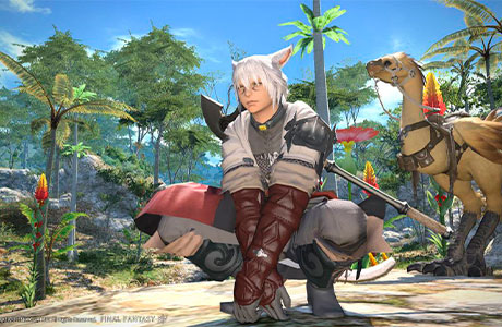 Jugador junto a su montura Chocobo en Final Fantasy 14