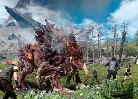 Prompto, Ignis y Gladiolus enfrentándose a una bestia en Final Fantasy 15