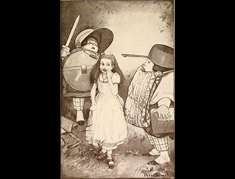 Ilustración de los gemelos con Alicia de la segunda novela de Alicia en el País de las Maravillas