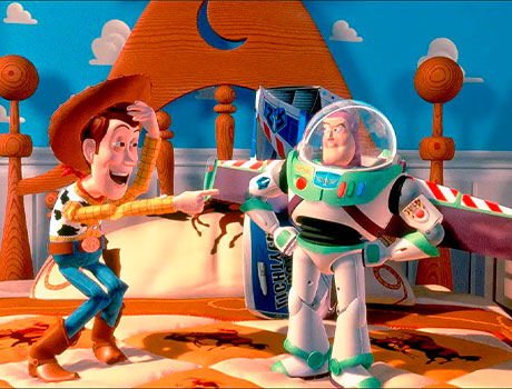 Woody Y Buzz encima de la cama de Andy en Toy Story