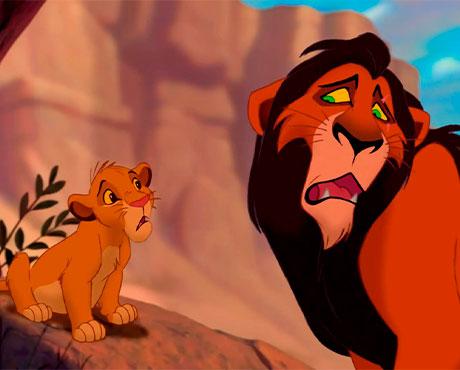 Scar culpando a Simba por la muerte de su padre Mufasa en el Rey León