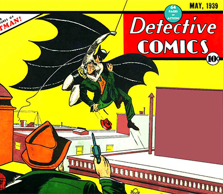 Imagen de portada del primer cómic de Batman donde aparece balanceándose cogiendo a un matón.