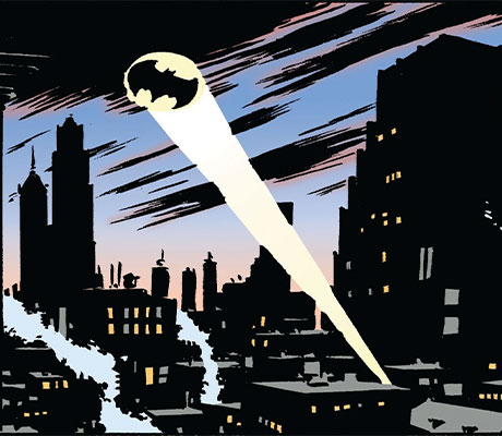 Imagen del símbolo de Batman en el cielo de Gotham en uno de sus cómics.