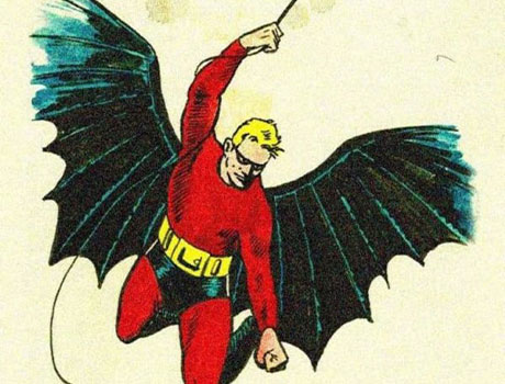 Imagen del primer concepto de Batman con un traje rojo y con el pelo rubio.