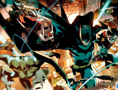 Imagen de Batman y Robin con varios villanos detrás de ellos en uno de los cómics más actuales.
