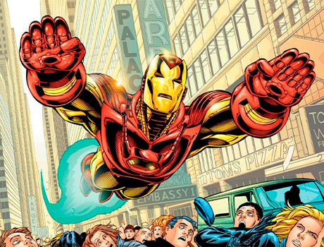 Iron Man sobrevolando la ciudad