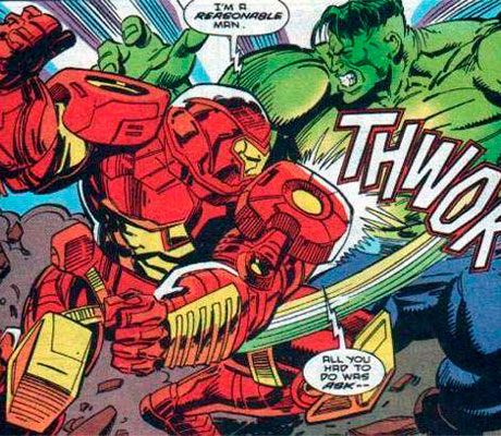 Iron Man en su armadura Hulkbuster enfrentándose al Increíble Hulk