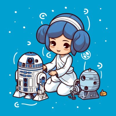 Princesa Leia de niña con R2D2.