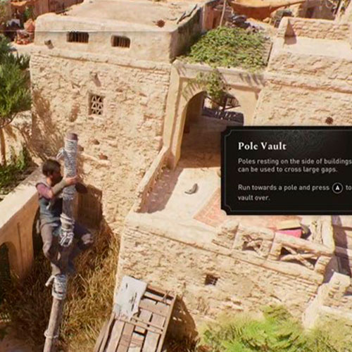 Basim usa una pértiga para moverse de un lado a otro en assasin's creed mirage