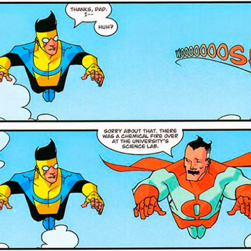 Invencible comic, padre e hijo volando
