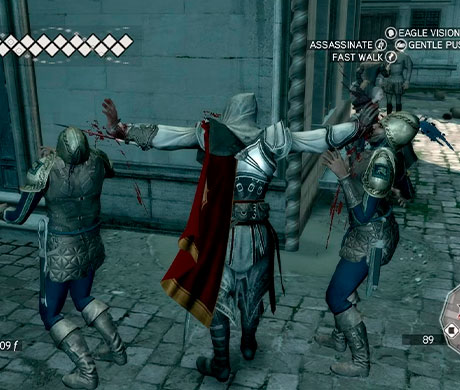 Imagen de Ezio matando a dos soldados con las hojas ocultas en Assassin's Creed II.