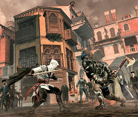 Imagen de Ezio Auditore luchando contra un guardia en el juego de Assassin's Creed II.
