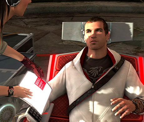Imagen de Desmond Miles tumbado en el Animus en el juego de Assassin's Creed II.