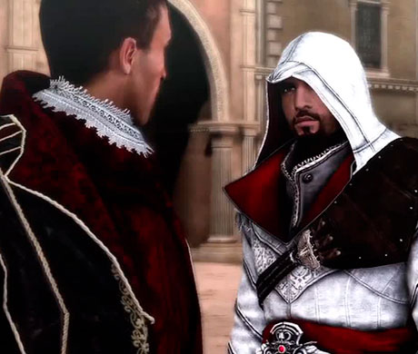 Imagen de Ezio hablando con un NPC en el juego Assassin's Creed: Brotherhood.