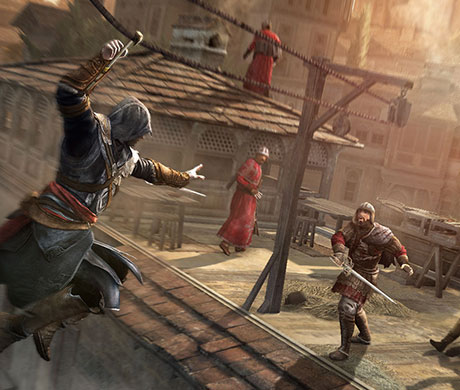 Imagen de Ezio deslizándose con el gancho oculto hacia un guardia en el juego Assassin's Creed: Revelations.