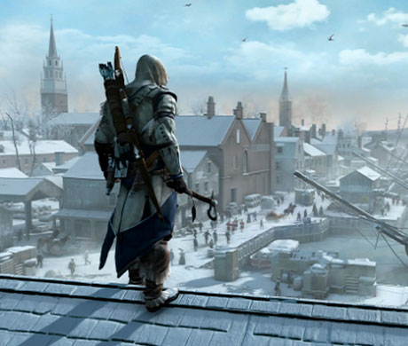 Imagen de Connor contemplando a la ciudad de Boston en Assassin's Creed III.