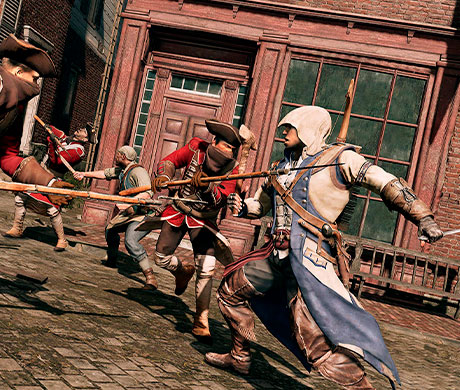 Imagen de Connor luchando contra unos guardias ingleses en el juego Assassin's Creed III.