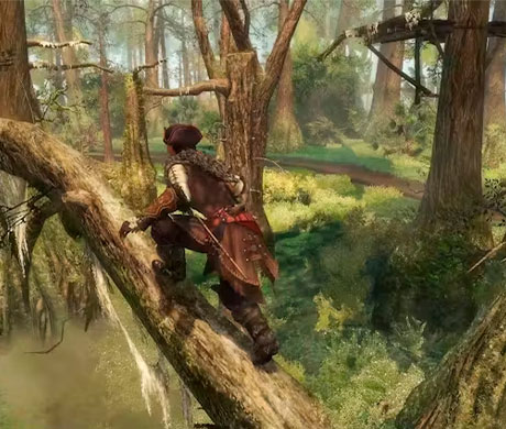Imagen de Connor haciendo parkour por unos arboles en el bosque de "La Frontera" en el juego Assassin's Creed III.