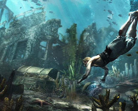 Imagen de Edward buceando bajo el mar, buscando tesoro, en el juego Assassin's Creed IV: Black Flag.