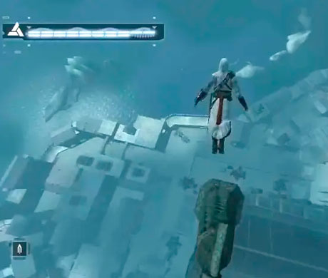 Imagen de Altair realizando un Salto de fe en el juego Assassin's Creed.