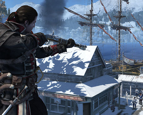 Imagen de Shay usando su mosquete contra un guardia en el juego Assassin's Creed: Rogue.